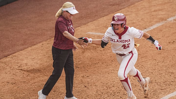 Oklahoma infielder Gabbie Garcia reacts after hitting a walk off three run home run to defeat Arkansas at Jack Turner Softball Stadium.