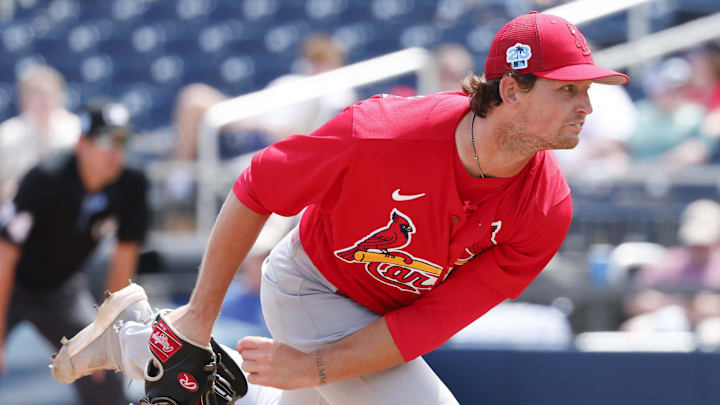 Mar 26, 2023; West Palm Beach, Florida, USA;  St. Louis Cardinals relief pitcher Packy Naughton (70) throws a pitch during the fifth inning against the Houston Astros at The Ballpark of the Palm Beaches. Mandatory Credit: Reinhold Matay-Imagn Images