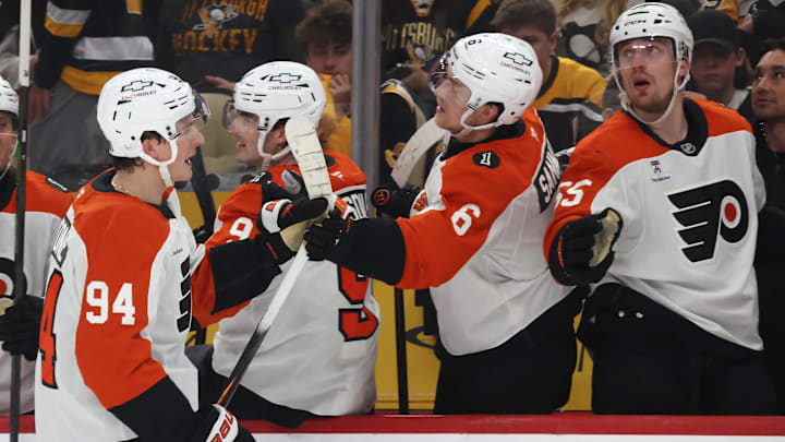 Apr 18, 2026; Pittsburgh, Pennsylvania, USA; Philadelphia Flyers right wing Porter Martone (94) celebrates his goal with the Flyers bench against the Pittsburgh Penguins during the third period in game one of the first round of the 2026 Stanley Cup Playoffs at PPG Paints Arena.