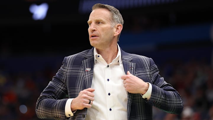 Mar 22, 2026; Tampa, FL, USA; Alabama Crimson Tide head coach Nate Oats looks on against the Texas Tech Red Raiders in the first half during a second round game of the men's 2026 NCAA Tournament at Benchmark International Arena. Mandatory Credit: Nathan Ray Seebeck-Imagn Images