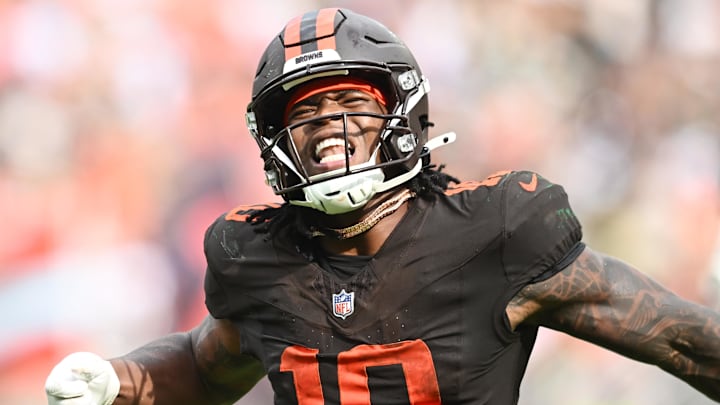 Sep 21, 2025; Cleveland, Ohio, USA; Cleveland Browns running back Quinshon Judkins (10) celebrates after scoring a touchdown against the Green Bay Packers during the fourth quarter at Huntington Bank Field. Mandatory Credit: Ken Blaze-Imagn Images