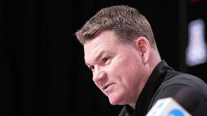 Apr 2, 2026; Indianapolis, IN, USA; Arizona head coach Tommy Lloyd during a press conference ahead of the Final Four of the men's 2026 NCAA Tournament at Lucas Oil Stadium. Mandatory Credit: Robert Deutsch-Imagn Images