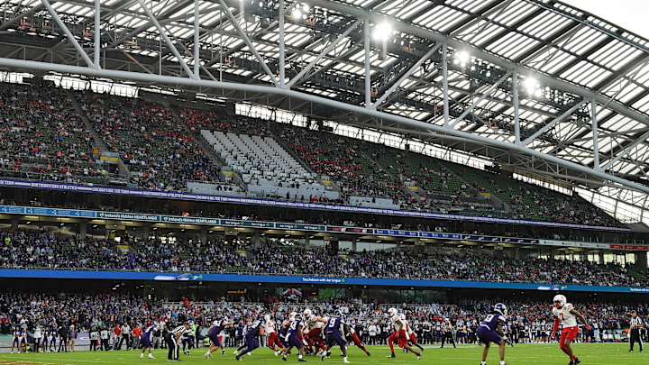 Aug 27, 2022; Dublin, IRELAND; A general view of the action between Nebraska and Northwestern in the Aer Lingus college football series at Aviva Stadium. Mandatory Credit: Brendan Moran-Imagn Images