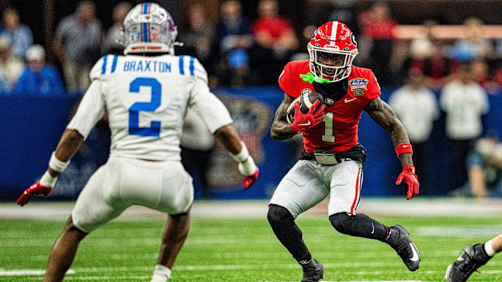 Georgia wide receiver Zachariah Branch (1) carries the ball during the Sugar Bowl and College Football Playoff quarterfinals at Caesars Superdome in New Orleans, La., on Thursday, Jan. 1, 2026.