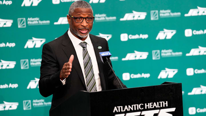 New York Jets Head Coach Aaron Glenn, is shown at a press conference at the Atlantic Health Jets Training Center, Monday, January 27, 2025, in Florham Park.
