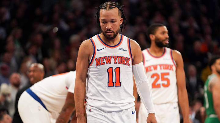 Apr 9, 2026; New York, New York, USA; New York Knicks guard Jalen Brunson (11) reacts during the fourth quarter against the Boston Celtics at Madison Square Garden. Mandatory Credit: Lucas Boland-Imagn Images