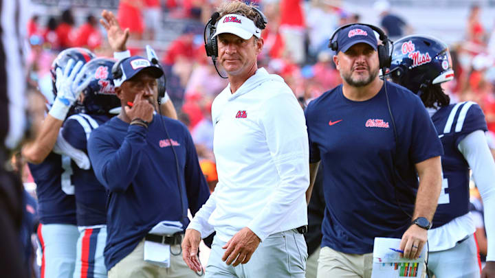 Sep 20, 2025; Oxford, Mississippi, USA; Mississippi Rebels head coach Lane Kiffin looks on during the fourth quarter against the Tulane Green Wave at Vaught-Hemingway Stadium. Mandatory Credit: Petre Thomas-Imagn Images