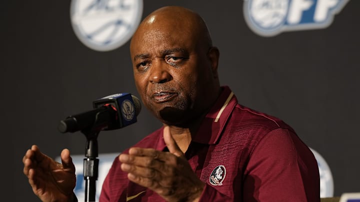 Oct 12, 2021; Charlotte, NC, USA;Florida State Seminoles head coach Leonard Hamilton speaks to the media at the ACC Tip Off at Charlotte Marriott City Center. Mandatory Credit: Jim Dedmon-Imagn Images
