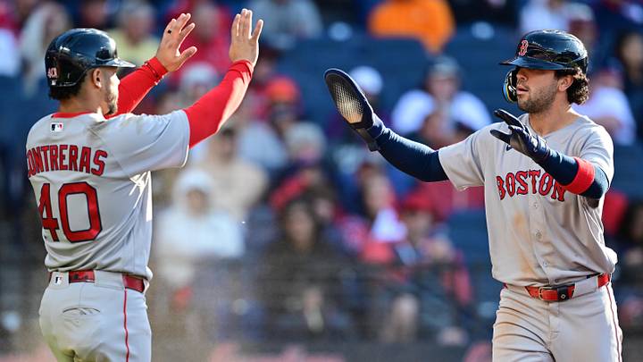 May 30, 2026; Cleveland, Ohio, USA; Boston Red Sox shortstop Marcelo Mayer (11) is congratulated by first baseman Willson Contreras (40) after scoring a run during the ninth inning at Progressive Field. Mandatory Credit: David Dermer-Imagn Images May 30, 2026; Cleveland, Ohio, USA; Boston Red Sox shortstop Marcelo Mayer (11) is congratulated by first baseman Willson Contreras (40) after scoring a run during the ninth inning at Progressive Field. Mandatory Credit: David Dermer-Imagn Images