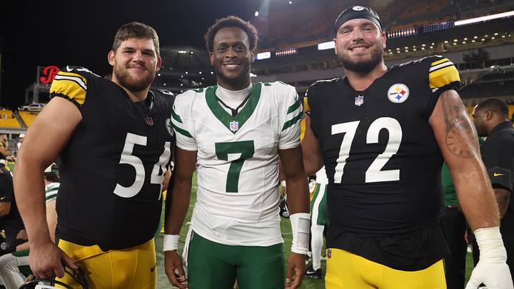 Aug 21, 2026; Pittsburgh, Pennsylvania, USA;  West Virginia University former players Pittsburgh Steelers center Zach Frazier (54) and guard Doug Nester (72) and New York Jets quarterback Geno Smith (7) pose for a photo after their game at Acrisure Stadium.  Mandatory Credit: Charles LeClaire-Imagn Images