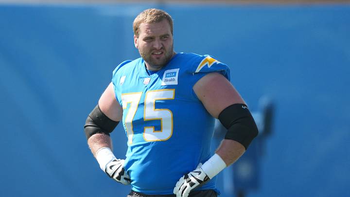 Jul 31, 2026; El Segundo, CA, USA; Los Angeles Chargers lineman Trevor Penning (75) during training camp at The Bolt. Mandatory Credit: Kirby Lee-Imagn Images