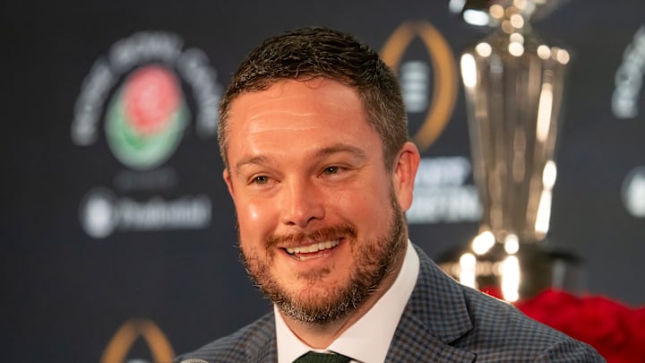Oregon head coach Dan Lanning speaks during the coaches press conference in Los Angeles Tuesday, Dec. 31, 2024, ahead of the Rose Bowl.