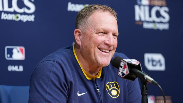 Oct 16, 2025; Los Angeles, California, USA; Milwaukee Brewers manager Pat Murphy (49) speaks in a press conference before game three against the Los Angeles Dodgers in the NLCS round for the 2025 MLB playoffs at Dodger Stadium. Mandatory Credit: Kirby Lee-Imagn Images