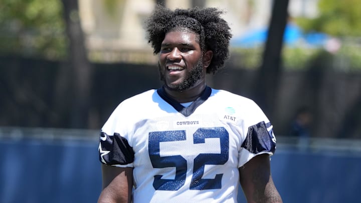 Dallas Cowboys guard Tyler Booker at training camp at the River Ridge Fields. Dallas Cowboys guard Tyler Booker at training camp at the River Ridge Fields.
