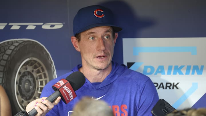 Jun 28, 2025; Houston, Texas, USA; Chicago Cubs manager Craig Counsell (11) is interviewed in the dugout before the game against the Houston Astros at Daikin Park. 