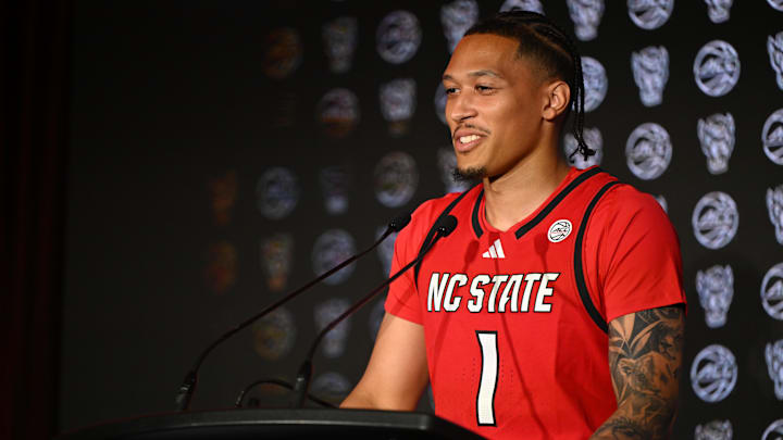 Oct 8, 2025; Charlotte, NC, USA; NC State player Darrion Williams answers questions from the media at The Hilton Charlotte Uptown. Mandatory Credit: William Howard-Imagn Images Oct 8, 2025; Charlotte, NC, USA; NC State player Darrion Williams answers questions from the media at The Hilton Charlotte Uptown. Mandatory Credit: William Howard-Imagn Images