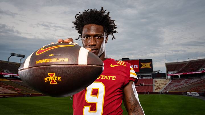 Wide receiver Omari Hayes stands for a photo during Iowa State Football media day at Jack Trice Stadium in Ames, Wednesday, August 19, 2026. Wide receiver Omari Hayes stands for a photo during Iowa State Football media day at Jack Trice Stadium in Ames, Wednesday, August 19, 2026.