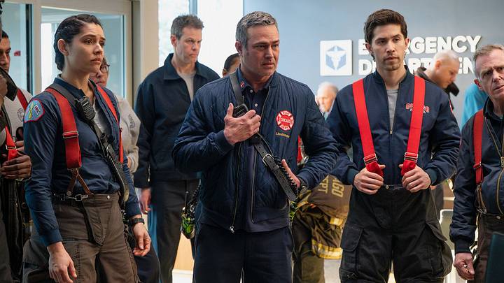 CHICAGO P.D. — “Reckoning, Part 3” Episode 1317 — Pictured: (l-r) Miranda Rae Mayo as Stella Kidd, Taylor Kinney as Kelly Severide, Brandon Larracuente as Sal Vasquez