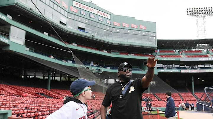 May 15, 2024; Boston, Massachusetts, USA; Former Red Sox first baseman and designated hitter David Ortiz visits a young fan