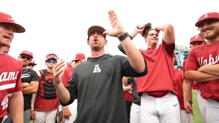 Alabama baseball head coach Rob Vaughn speaks to his team on May 12, 2024.