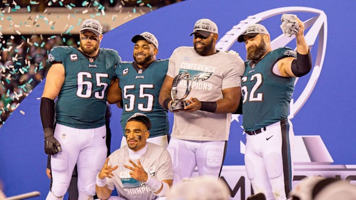 Eagles Lane Johnson, Brandon Graham, Fletcher Cox, Jason Kelce and Jalen Hurts after winning the NFC Championship on January 29, 2023.