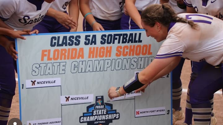 Winter Springs players celebrate beating North Fort Myers, 5-4, on Thursday and advancing to the Class 5A state championship game against Niceville on Saturday in Longwood. This is the Bears' fourth overall state title game appearance.