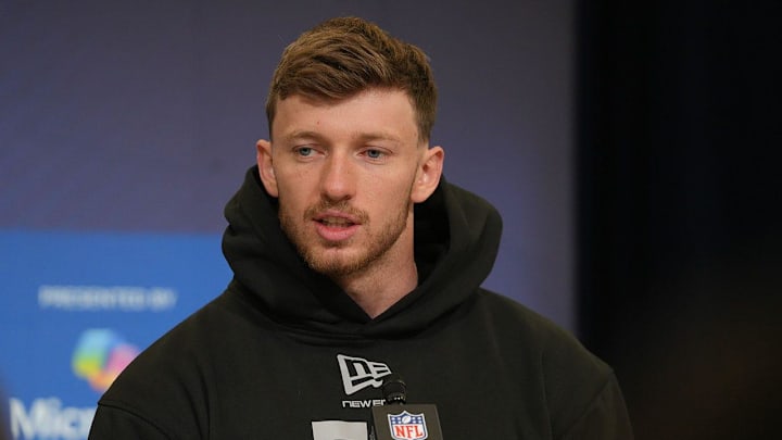 Dillon Thieneman meets with the media at the 2026 NFL Combine.