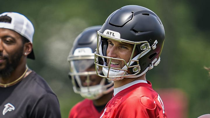 Jun 11, 2025; Atlanta, GA, USA; Atlanta Falcons quarterback Kirk Cousins (18) shown  during Minicamp at Children's Healthcare of Atlanta Training Ground. Mandatory Credit: Dale Zanine-Imagn Images