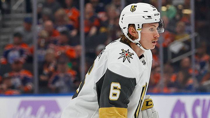 Nov 28, 2023; Edmonton, Alberta, CAN; Vegas Golden Knights defensemen Kaeden Korczak (6) follows the play against the Edmonton Oilers at Rogers Place. Mandatory Credit: Perry Nelson-USA TODAY Sports Nov 28, 2023; Edmonton, Alberta, CAN; Vegas Golden Knights defensemen Kaeden Korczak (6) follows the play against the Edmonton Oilers at Rogers Place. Mandatory Credit: Perry Nelson-USA TODAY Sports