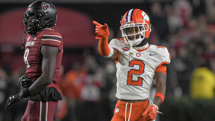 Nov 25, 2023; Columbia, South Carolina, USA; Clemson Tigers cornerback Nate Wiggins (2) smiles after Nov 25, 2023; Columbia, South Carolina, USA; Clemson Tigers cornerback Nate Wiggins (2) smiles after
