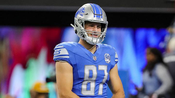 Detroit Lions tight end Sam LaPorta warms up before the game vs. the Carolina Panthers at Ford Field in Detroit on Sunday, Oct. 8, 2023. Detroit Lions tight end Sam LaPorta warms up before the game vs. the Carolina Panthers at Ford Field in Detroit on Sunday, Oct. 8, 2023.