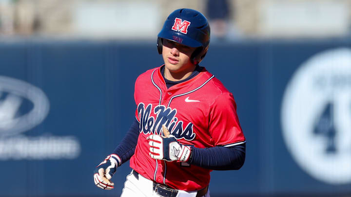 Ole Miss INF Luke Hill trots around the bases after hitting a home run in the fourth inning of the Rebels' game against Eastern Kentucky on Feb. 22, 2025. Ole Miss INF Luke Hill trots around the bases after hitting a home run in the fourth inning of the Rebels' game against Eastern Kentucky on Feb. 22, 2025.