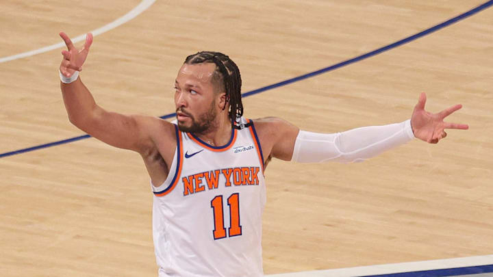 May 29, 2025; New York, New York, USA; New York Knicks guard Jalen Brunson (11) celebrates a three point basket against the Indiana Pacers in game five of the eastern conference finals of the 2025 NBA Playoffs at Madison Square Garden. Mandatory Credit: Vincent Carchietta-Imagn Images