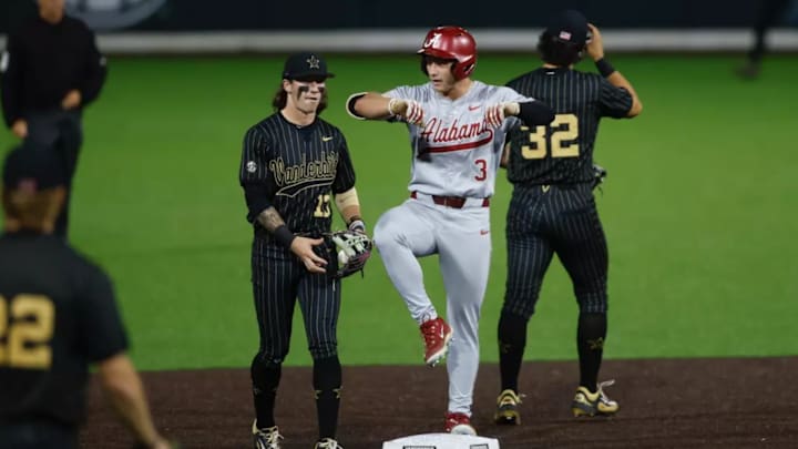 Alabama Baseball Player Kade Snell (3) celebrates the play against Vanderbilt at Charles Hawkins Field in Nashville, TN on Friday, May 2, 2025. Alabama Baseball Player Kade Snell (3) celebrates the play against Vanderbilt at Charles Hawkins Field in Nashville, TN on Friday, May 2, 2025.