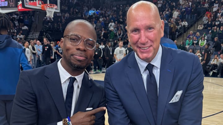 Timberwolves TV announcer Michael Grady and Jim Petersen. 