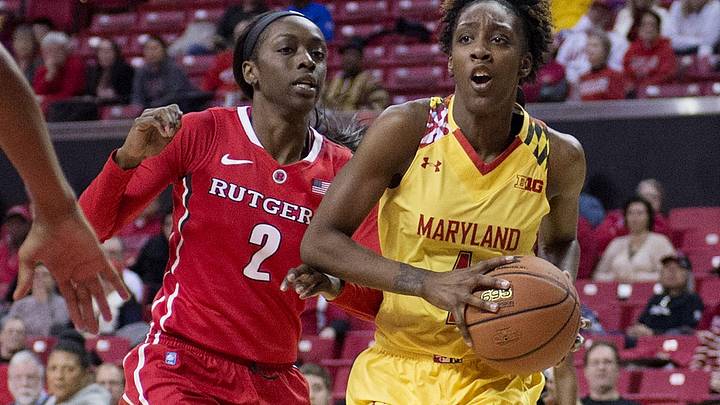 Feb 10, 2015; College Park, MD, USA; Maryland Terrapins guard Laurin Mincy (1) makes a move to the basket past Rutgers Scarlet Knights guard/forward Kahleah Copper (2) during the second half at Xfinity Center. Maryland Terrapins defeated Rutgers Scarlet Knights 80-69. Mandatory Credit: Tommy Gilligan-Imagn Images