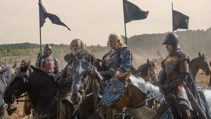 Tommy Flanagan (Roderick Dustin), Matt Smith (Daemon Targaryen), and Archie Barnes (Oscar Tully) in House of the Dragon season 3 episode 8. 