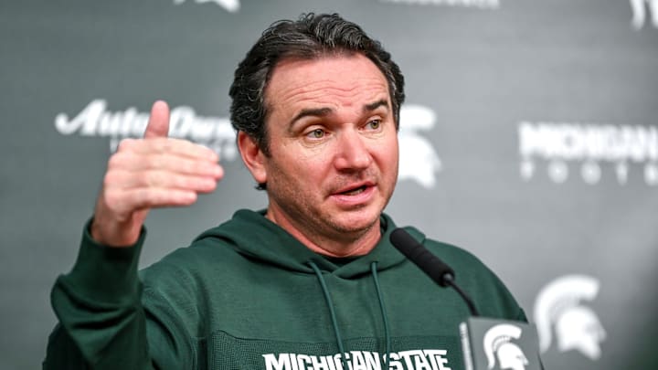 Michigan State coach Jonathan Smith talks the media on the first national signing day for college football recruits Wednesday, Dec. 20, 2023, at Spartan Stadium in East Lansing.