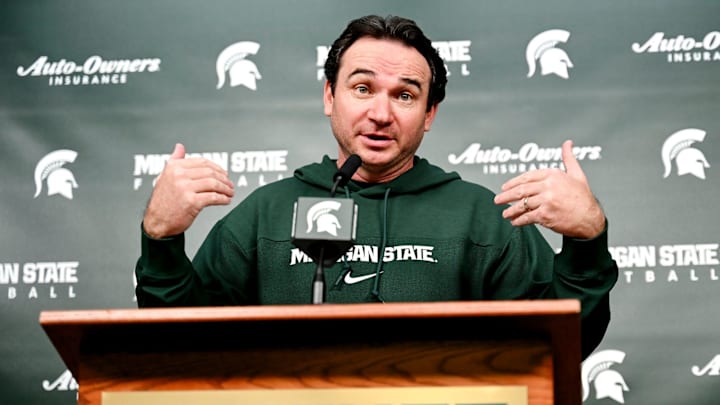 Michigan State coach Jonathan Smith talks the media on the first national signing day for college football recruits Wednesday, Dec. 20, 2023, at Spartan Stadium in East Lansing.