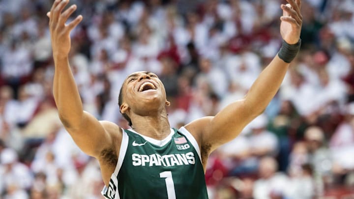Michigan State's Jeremy Fears Jr. (1) celebrates during the Indiana versus Michigan State men's basketball game at Simon Skjodt Assembly Hall on Sunday, March 1, 2026. Michigan State's Jeremy Fears Jr. (1) celebrates during the Indiana versus Michigan State men's basketball game at Simon Skjodt Assembly Hall on Sunday, March 1, 2026.