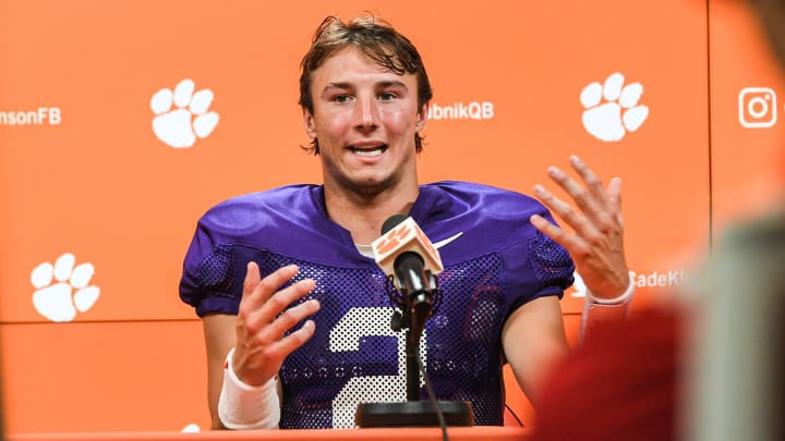 Clemson quarterback Cade Klubnik talks with media at the Smart Family Media Center in Clemson, S.C., Tuesday, August 13, 2024. Clemson quarterback Cade Klubnik talks with media at the Smart Family Media Center in Clemson, S.C., Tuesday, August 13, 2024.