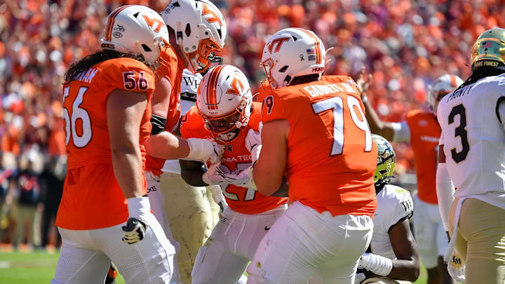 Oct 4, 2025; Blacksburg, Va.; Virginia Tech running back Marcellous Hawkins (27) celebrates after scoring a touchdown against Wake Forest.