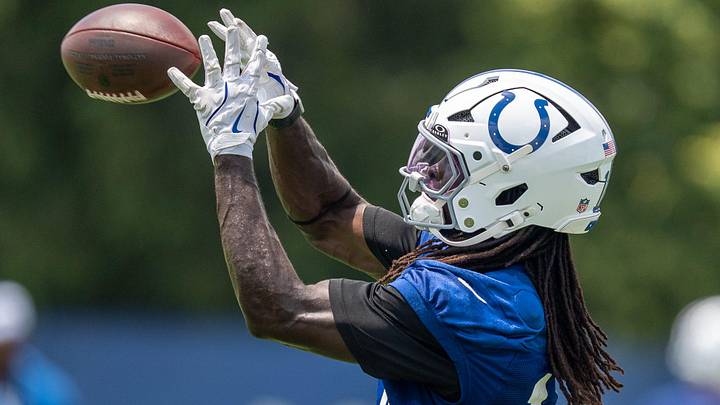 Indianapolis Colts wide receiver Ashton Dulin (16) pulls in a catch Wednesday, June 10, 2026, during minicamp at Indiana Farm Bureau Football Center in Indianapolis. Indianapolis Colts wide receiver Ashton Dulin (16) pulls in a catch Wednesday, June 10, 2026, during minicamp at Indiana Farm Bureau Football Center in Indianapolis.
