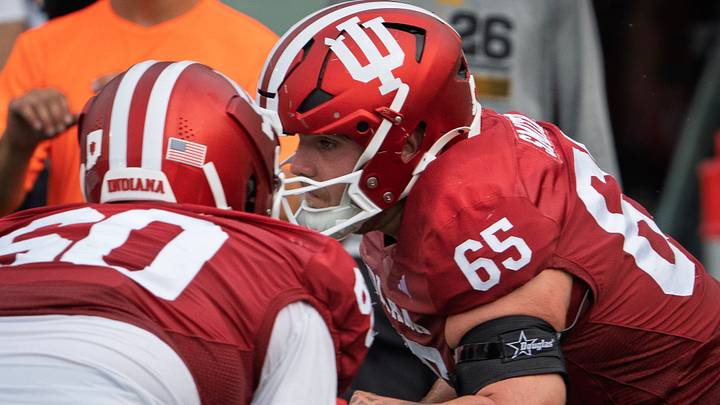 Indiana offensive tackle Carter Smith works through a blocking drill during practice as he prepares for a pivotal season ahead of the 2027 NFL Draft.