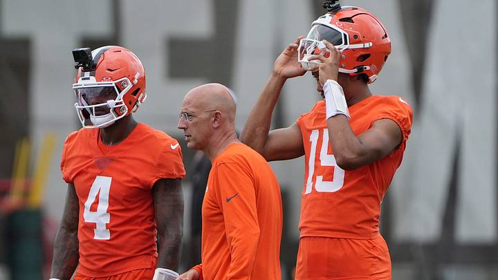 quarterback Deshaun Watson, quarterback coach Mike Bajakian and Taylen Green with a drill on the first day of minicamp at CrossCountry Mortgage Campus of the Cleveland Browns in Berea, Ohio on June 9, 2026. quarterback Deshaun Watson, quarterback coach Mike Bajakian and Taylen Green with a drill on the first day of minicamp at CrossCountry Mortgage Campus of the Cleveland Browns in Berea, Ohio on June 9, 2026.