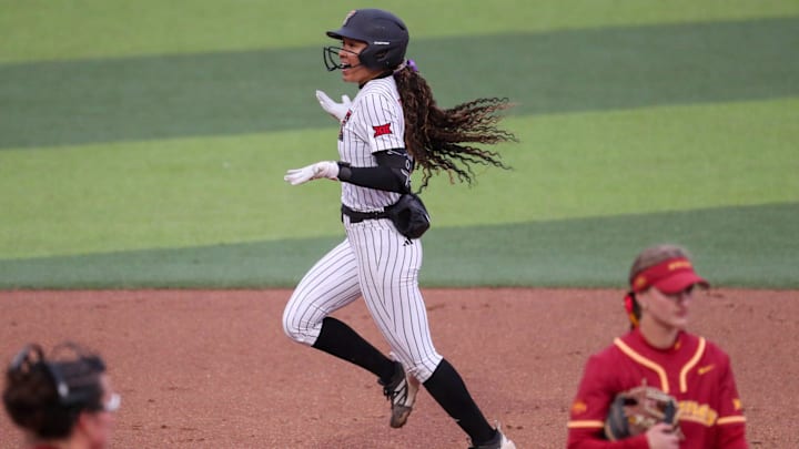 Texas Tech's Desirae Spearman celebrates a home run against Iowa State during a Big 12 Conference softball game, Friday, March 27, 2026, at Tracy Sellers Field. Texas Tech's Desirae Spearman celebrates a home run against Iowa State during a Big 12 Conference softball game, Friday, March 27, 2026, at Tracy Sellers Field.