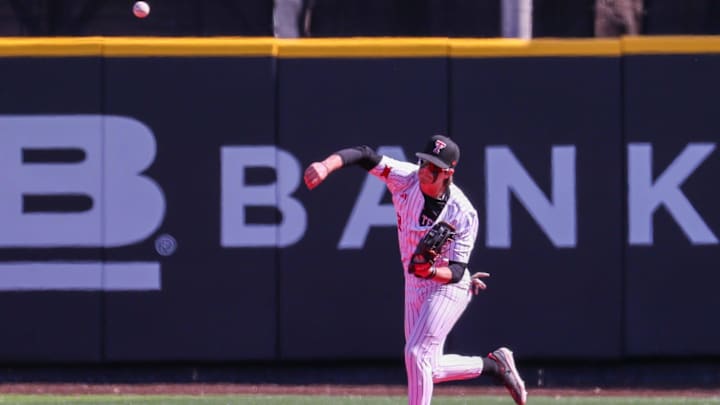 Texas Tech's Kyeler Thompson throws the ball in from the outfield during a non-conference baseball game, Sunday, Feb. 22, 2026, at Rip Griffin Park. Texas Tech's Kyeler Thompson throws the ball in from the outfield during a non-conference baseball game, Sunday, Feb. 22, 2026, at Rip Griffin Park.