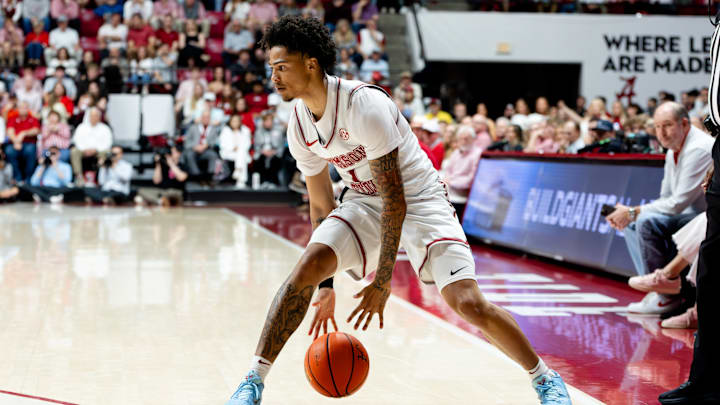 Alabama Jalil Bethea dribbles in the first half of the game against Auburn on Mar. 7, 2026.