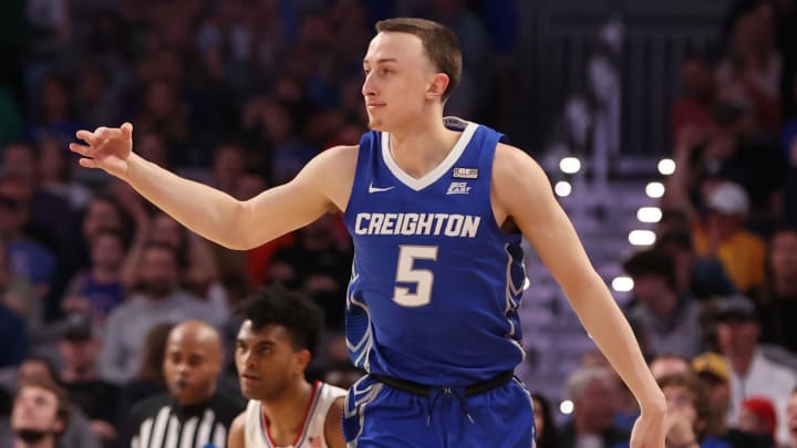 Mar 19, 2022; Fort Worth, TX, USA; Creighton Bluejays guard Alex O'Connell (5) reacts against the Kansas Jayhawks during the second round of the 2022 NCAA Tournament at Dickies Arena. Mandatory Credit: Kevin Jairaj-USA TODAY Sports