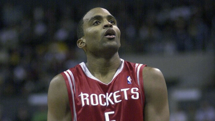Dec 25, 2003; Los Angeles, CA, USA: Houston Rockets guard Cuttino Mobley (5) shoots a free throw against the Los Angeles Lakers at the Staples Center. The Rockets defeated the Lakers 99-87. Mandatory Credit: Kirby Lee/Image of Sport-Imagn Images